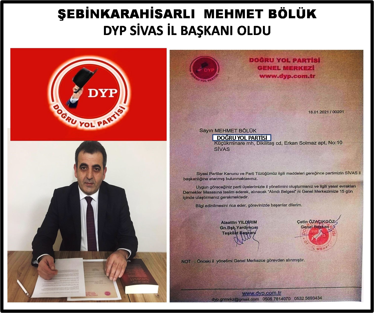 Şebinkarahisarlı Mehmet Bölük DYP Sivas İl Başkanı Oldu