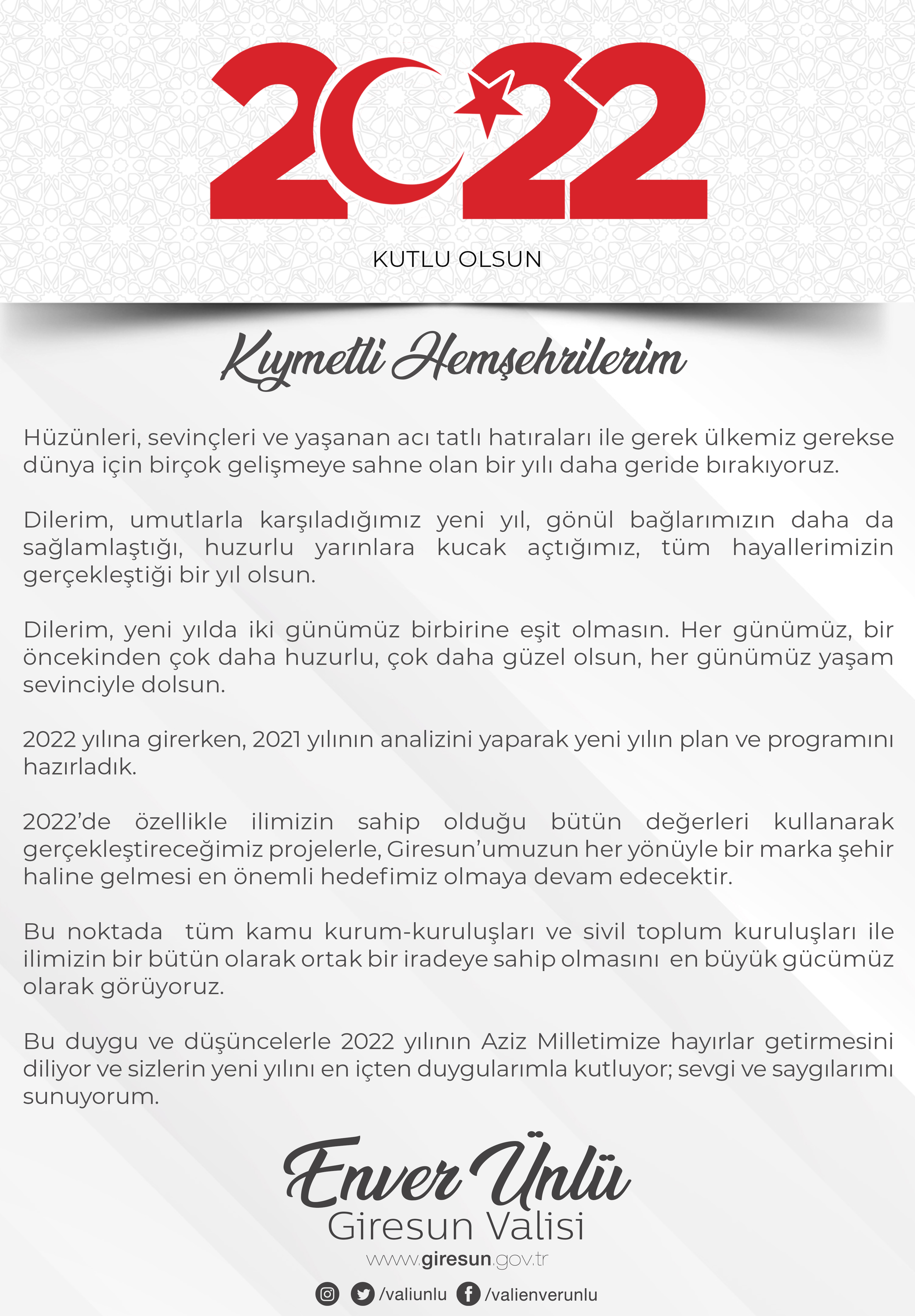 Vali Ünlü Yeni Yıl Mesajı Yayınladı