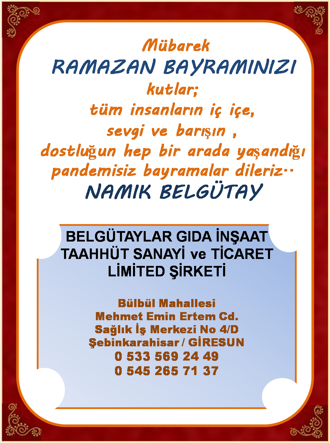 Belgütaylar Ticaret Ramazan Bayramı Mesajı yayınladı