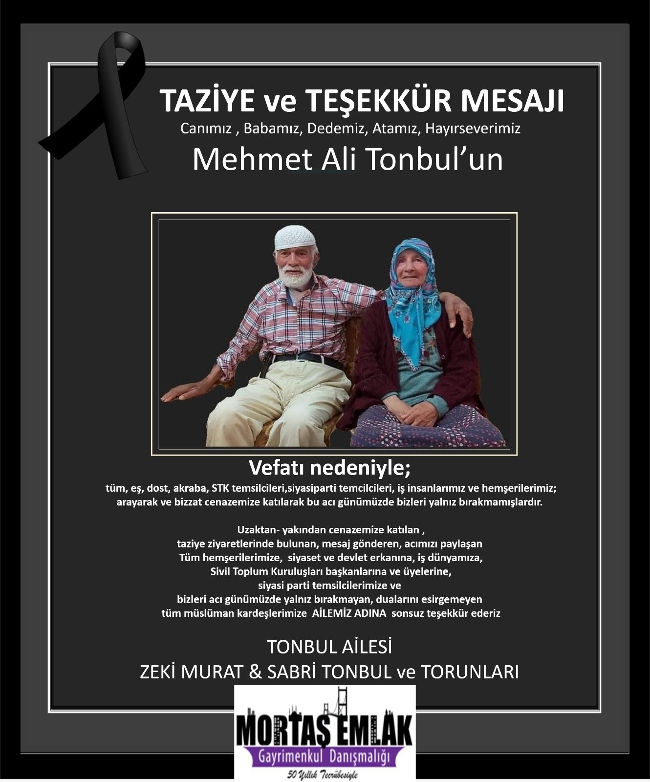Mehmet Ali Tonbul Anısına Taziye Mesajı Yayınlandı