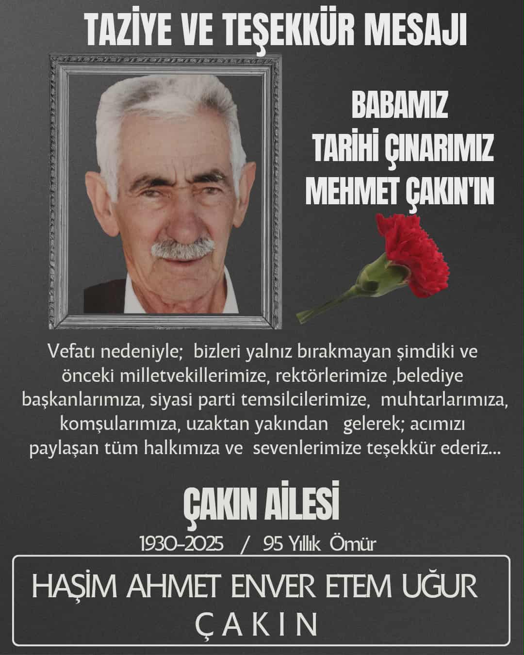 Çakın Ailesi Taziye Mesajı Yayınladı