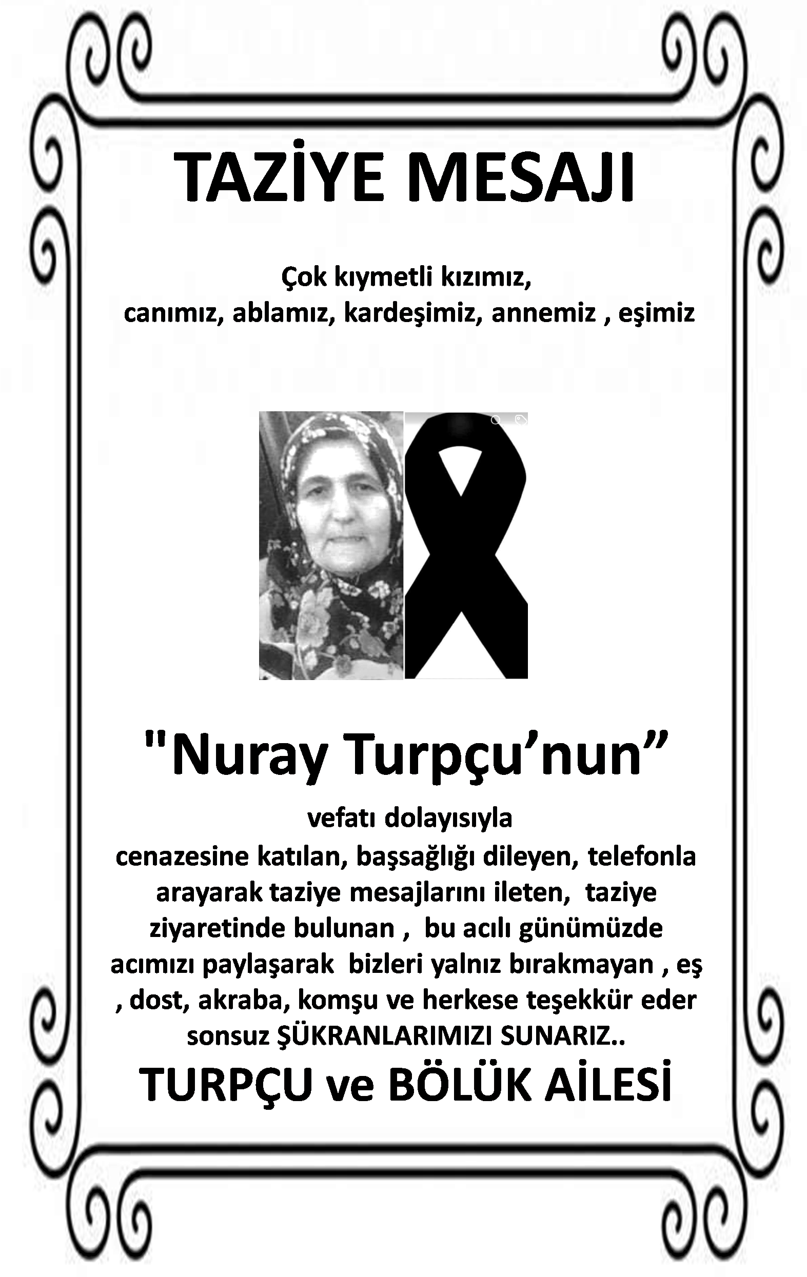 Şebinkarahisarlı Bölük ve Turpçu Aileleri Taziye Mesajı Yayınladı