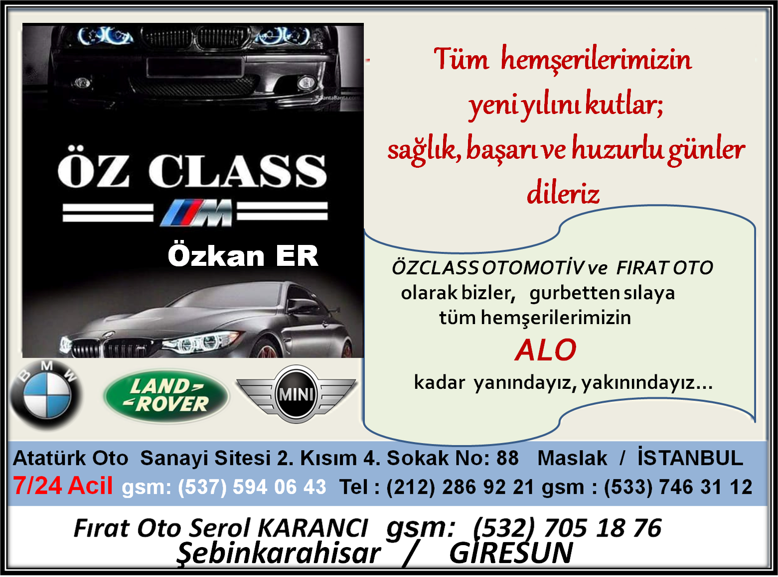 Özclass Otomotiv ve Fırat Oto tüm Halkın Yeni Yılını Kutlar